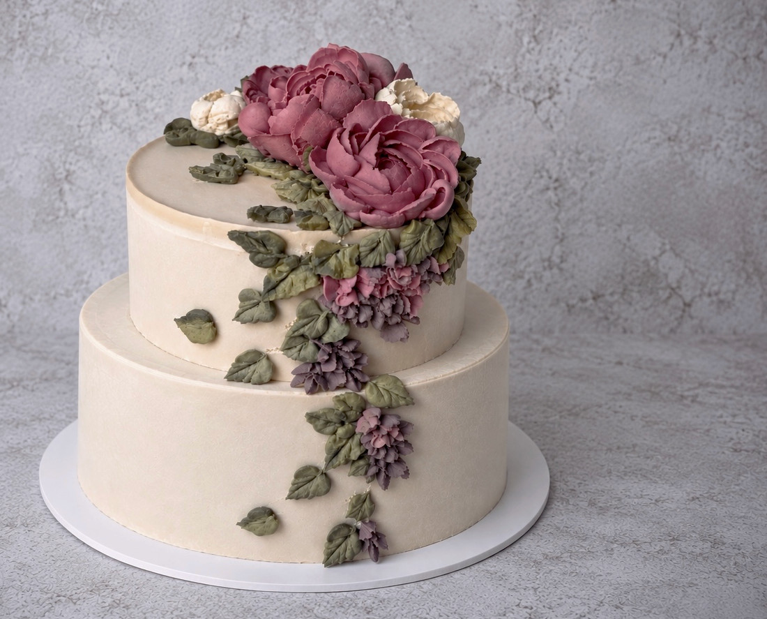 Custom botanical celebration cake with hand-piped whole-food plant-based decorations in Singapore